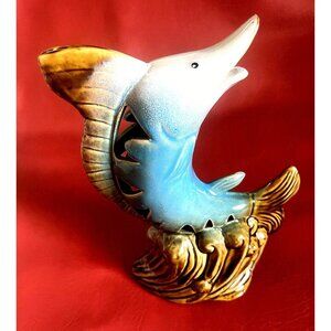 Shark Jumping Blue Marlin Ceramic China Figurine # 82037 - (8.5" x 7")